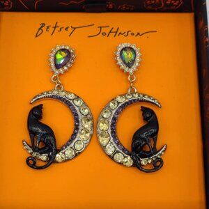 Betsey Johnson Black Cat Sitting on a Moon Earrings NWT!  NEW!